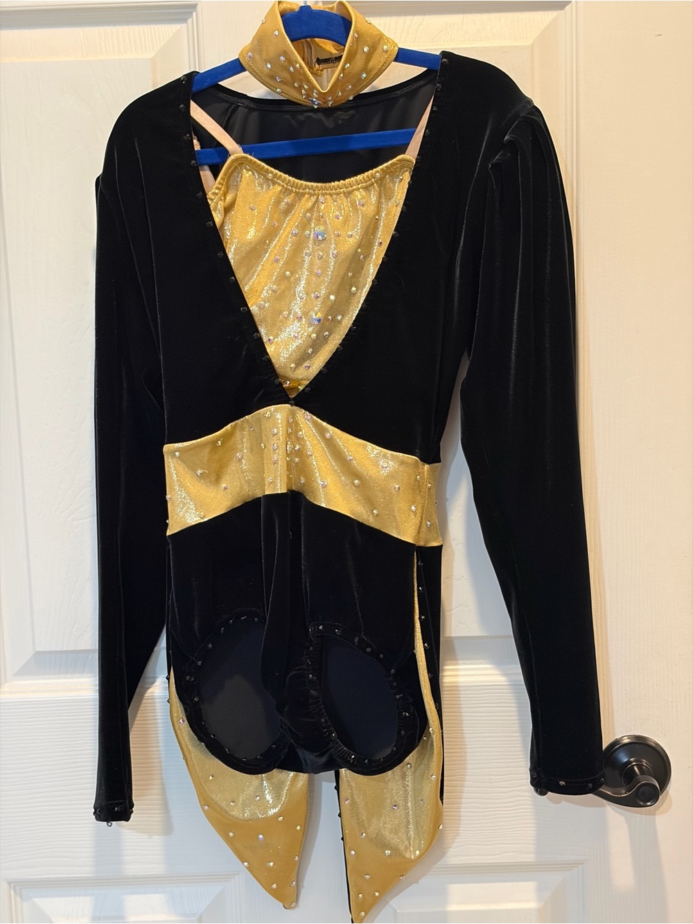 Black and Gold Velvet Dance Costume Top with Sparkle Accents